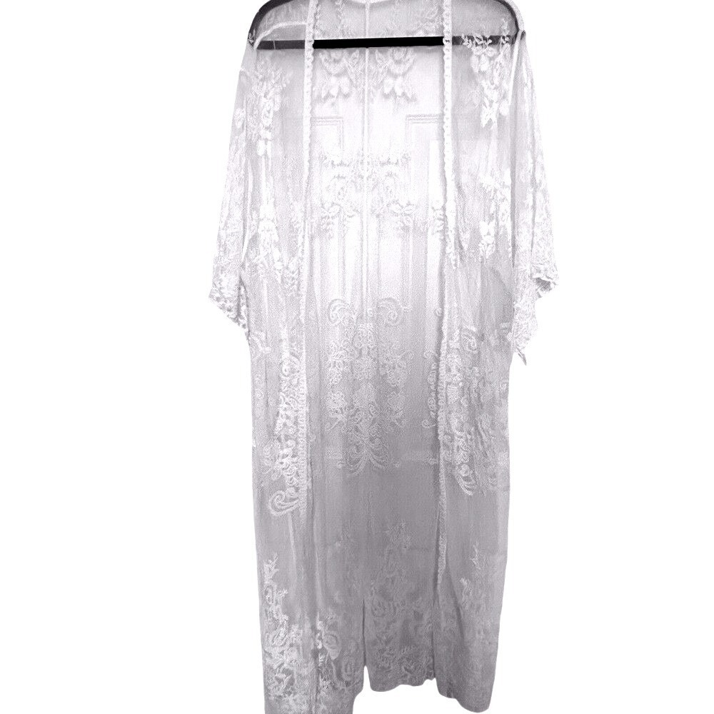 Fincati White Lace Kimono Duster Floral Embroidery Sheer Cover Up New